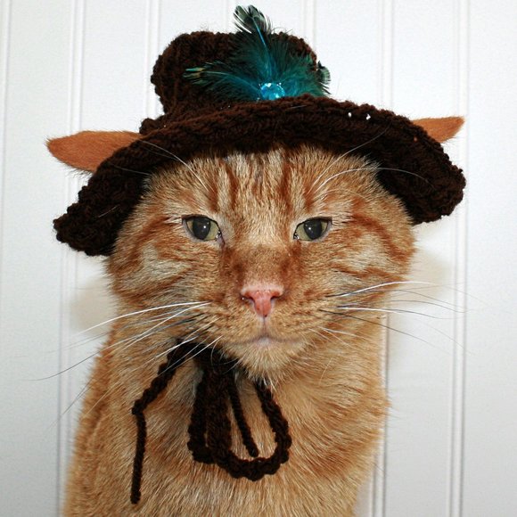 HAND CRAFTED Crochet Cowboy Cat Hat Brown Costume Pet Supply Photo Prop - Picture 1 of 12